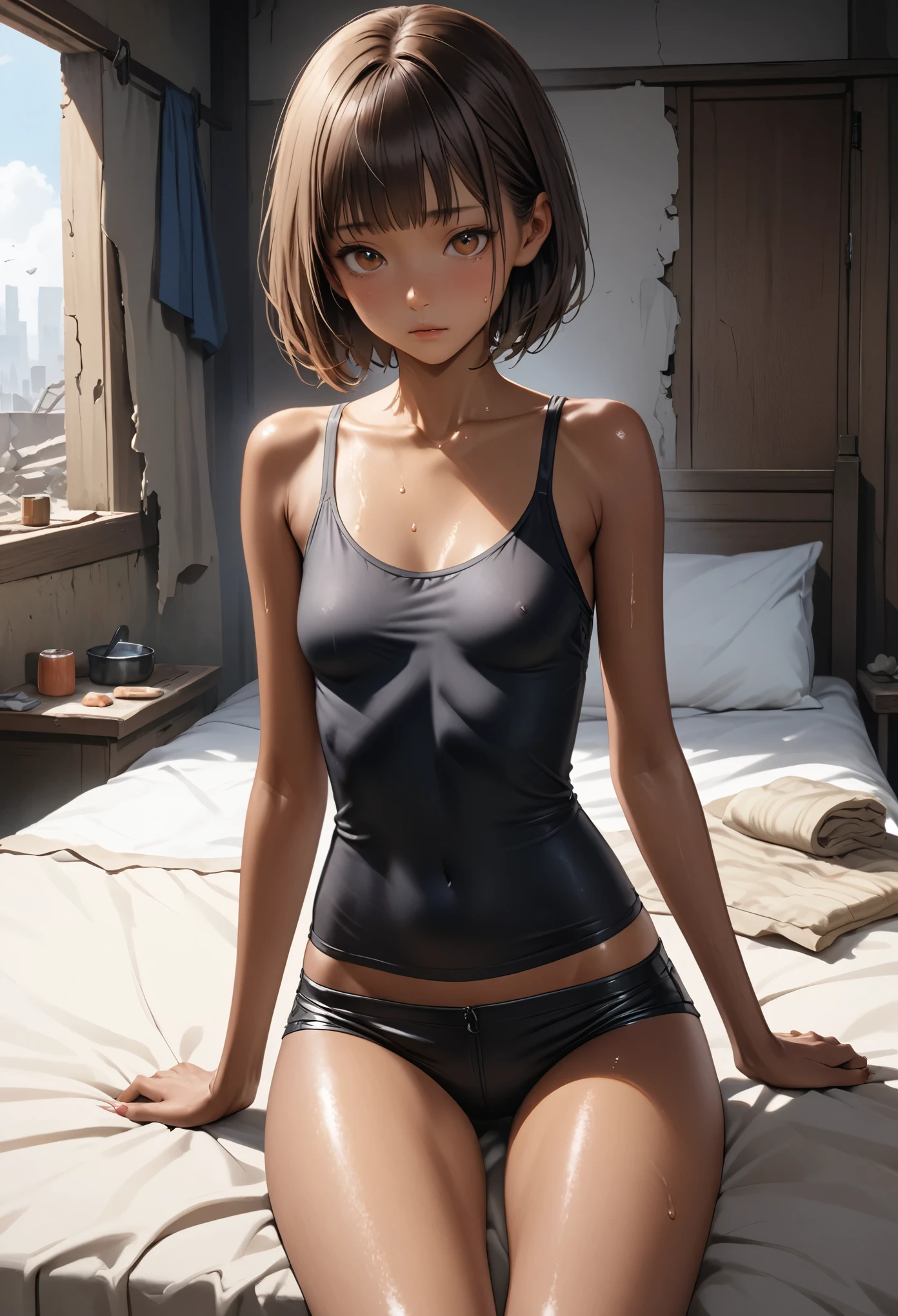 (masterpiece,Highest quality:1.3,best quality illustration),realistic,after sex,cowboy shot,1woman,30 year old Japanese beauty,((very small head:1.4)),short bob hair,brown hair,bangs,brown eyes,gorgeous eyes,shy、small breasts,((very long body:1.4,tan skin:1.3)),((toned body,slender body,skinny)),(Black tank top、Black micro shorts),gleaming skin,shiny skin,sweat,sitting,Simple bed、A cluttered bedroom、ruins、