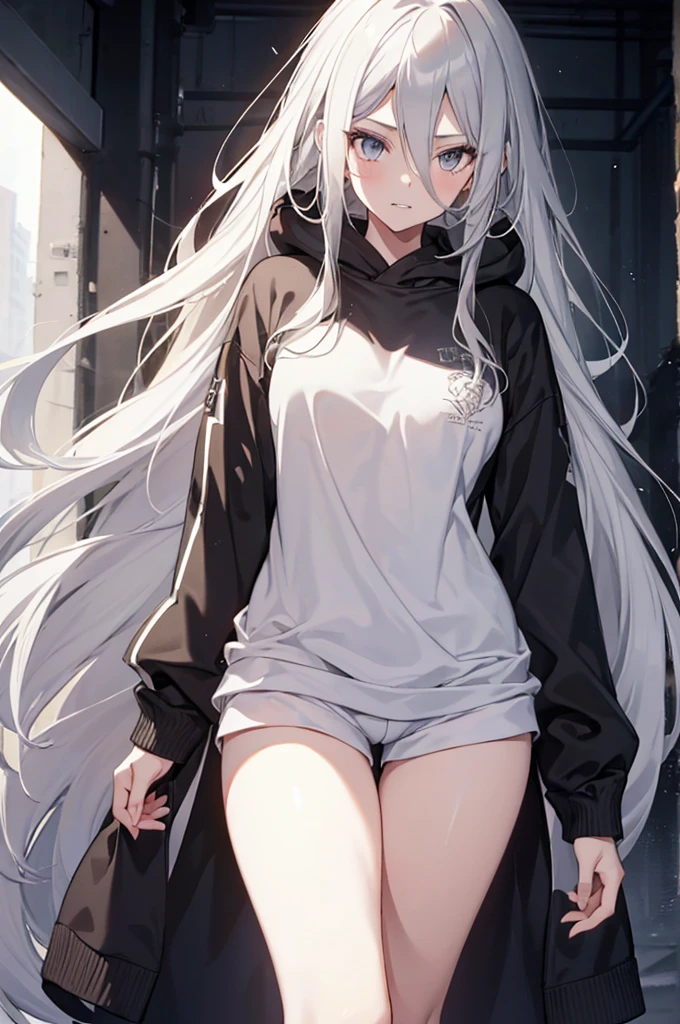 1girl, {Solitary}, Upper Body ,{{ {Watching at viewer}}}, Arms at your sides, Concept Art, white Background, simple Background, White hair, Silver gradient hair , Composite cloth, Asymmetrical clothes, Virtual YouTuber, best quality, masterpiece, Dynamic Angle, , cowboy_shooting, Watching_Back, grab, girl,Miss,woman, young,20 years old, Very long hair, Hair Flip, Silver Hair, Flowing hair, Ahog, giggle, Beautiful and delicate golden eyes, teeth, Large Breasts, Blonde eyes, White skin, hoodie, Black_shorts, Gray clothes, transparent_Background, Backlighting, absurd, high resolution, Extremely detailed,sweater,No pants