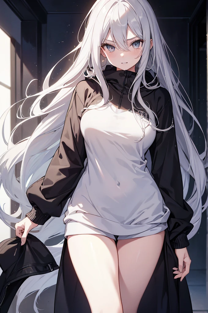 1girl, {Solitary}, Upper Body ,{{ {Watching at viewer}}}, Arms at your sides, Concept Art, white Background, simple Background, White hair, Silver gradient hair , Composite cloth, Asymmetrical clothes, Virtual YouTuber, best quality, masterpiece, Dynamic Angle, , cowboy_shooting, Watching_Back, grab, girl,Miss,woman, young,20 years old, Very long hair, Hair Flip, Silver Hair, Flowing hair, Ahog, giggle, Beautiful and delicate golden eyes, teeth, Large Breasts, Blonde eyes, White skin, hoodie, Black_shorts, Gray clothes, transparent_Background, Backlighting, absurd, high resolution, Extremely detailed,sweater,No pants