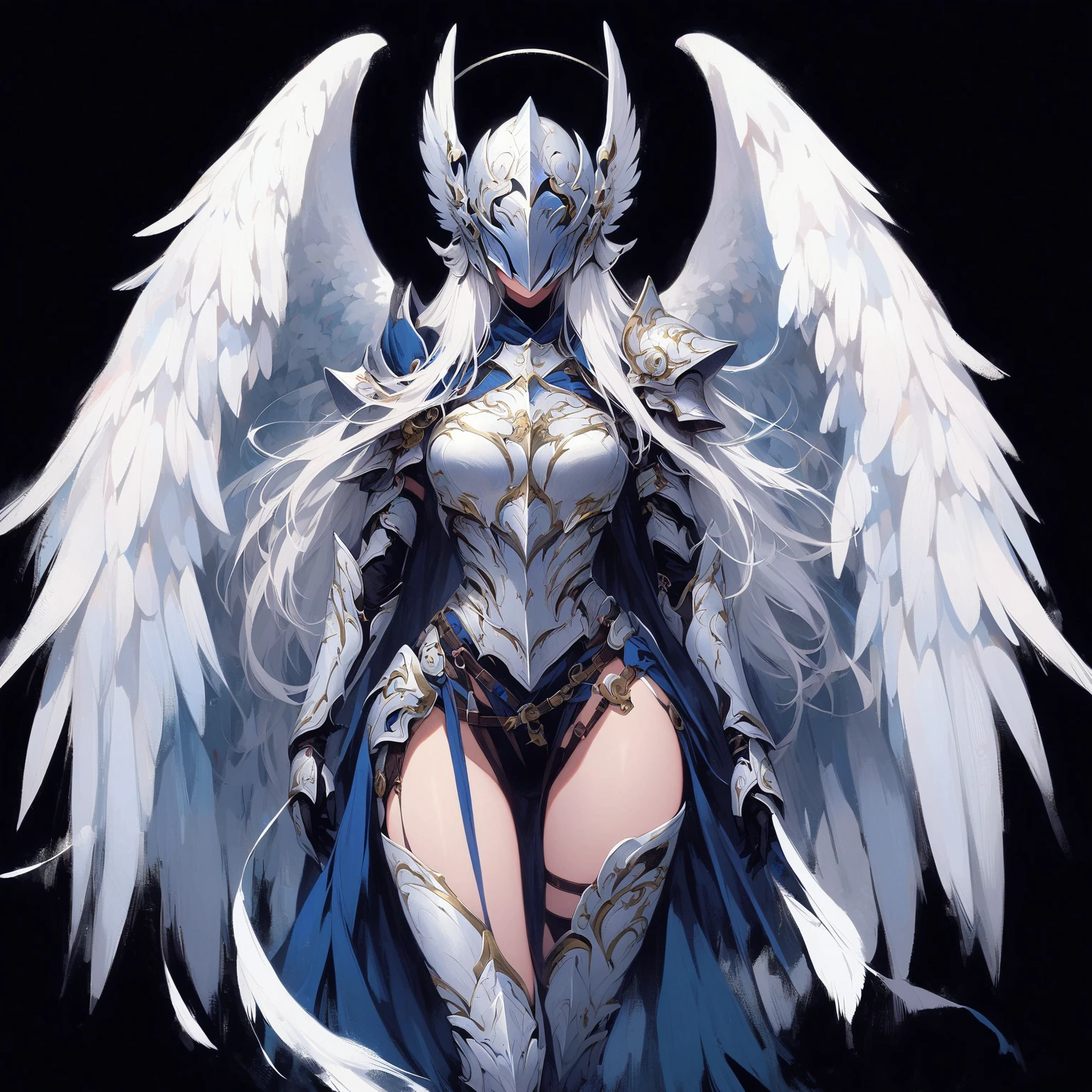 1 Female angels,Winged helmet covering the eyes_wings armor feathers_Long wing feathers_Hair Shoulder Armor Shoulder_Armor single piece_Upper wing separation_The body is white_Theme blue_Wings Wings