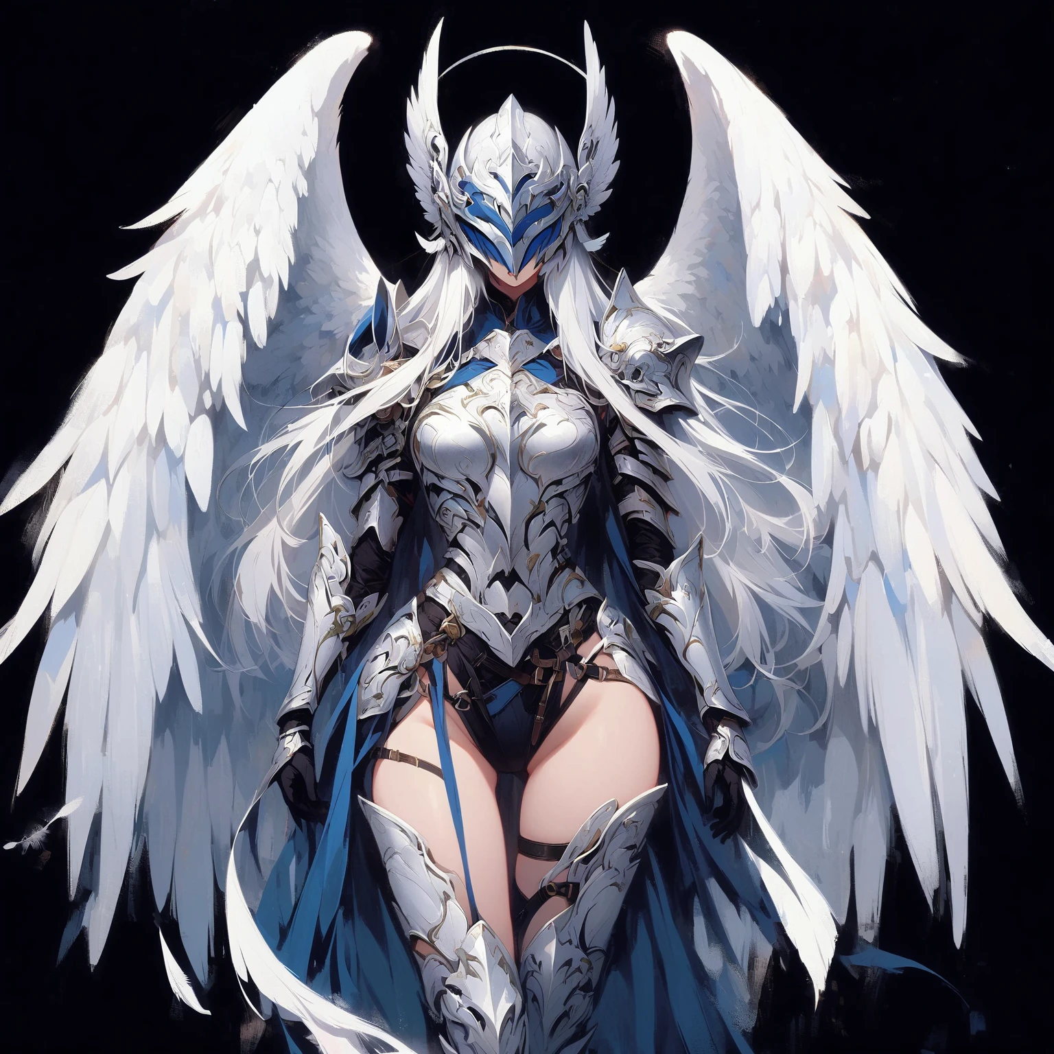 1 Female angels，Winged helmet covering the eyes_wings armor feathers_Long wing feathers_Hair Shoulder Armor Shoulder_Armor single piece_Upper wing separation_The body is white_Theme blue_Wings Wings