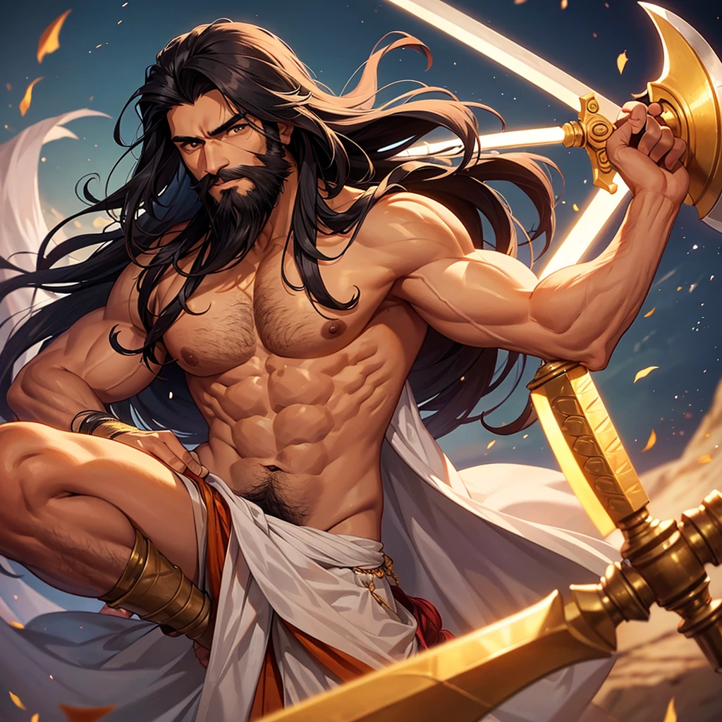 An indian man, long hair and beard, holding a battle axe, well defined muscles, althletic physic, well defined characteristics, wearing a saffron colour dhothi,