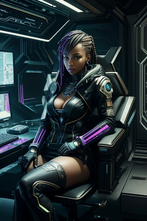 South African woman, Caucasian South African Woman, cyberpunk, secretary, cyberpunk background, sitting at cyberpunk desk
