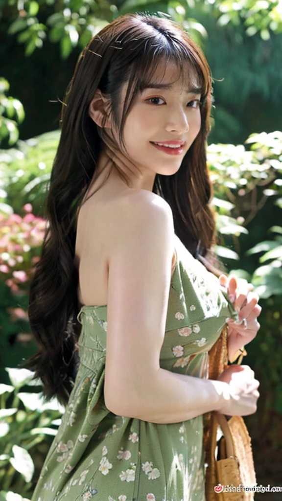 Draw lips correctly, lipstick, From chest up, best quality, super detailed, current, super thin skin, perfect anatomy, (1 Japanese adults), (alone),Wear a high-end floral green round neck dress,short sleeves,Long curly hair,22-year-old woman,charming smile,Garden Background,stop,round face, Hair tied into a ponytail,A bit big,huge bust,cleavage,full-body shot,Super huge breasts,Cleavage