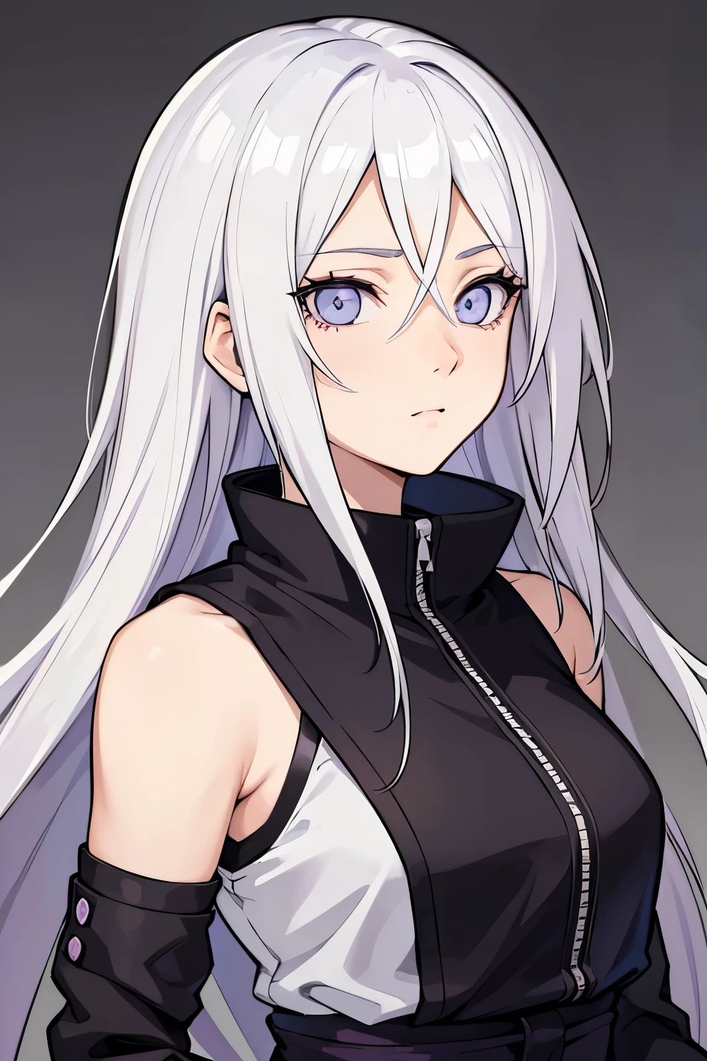 (high-quality, breathtaking),(expressive eyes, perfect face) portrait, Symmetrical Eyes, 1girl, female, solo, ager, short height, white hair, white coloured eyes, byakugan, anime naruto art style, long hair, fluffy hair, feminine face, grey background, detailed eyes, hyuga, Ōtsutsuki, naruto ninja attire, neutral expression, soft smile, purple and black clothing, white trim, long sleeves, white dress, hair between eyes, bare shoulders, jacket
