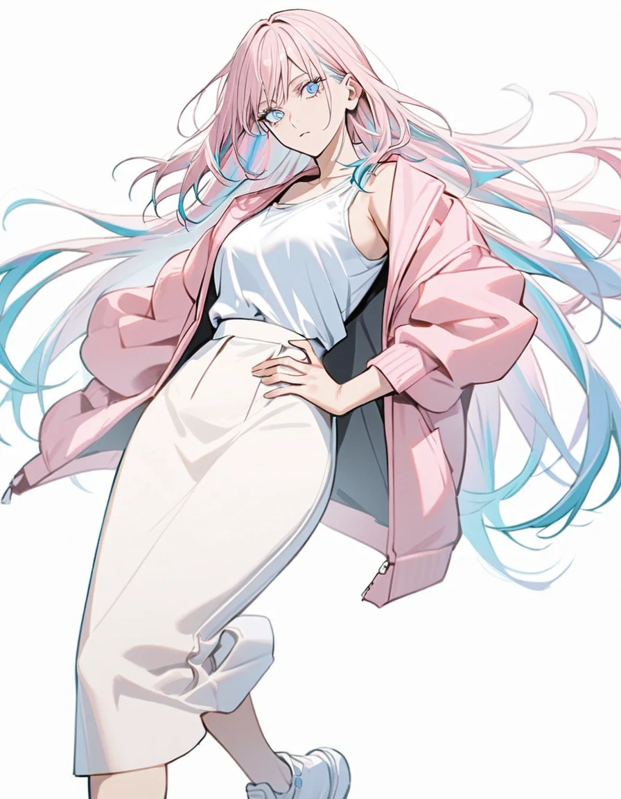 1 woman in jujutsu kaisen style, long hair, light pink hair, hair with blue tips, multicolor hair,light blue eyes,white blouse with tank top, pink jaket, short black skirt, White shoe, hand on the waist,half smile, White background, fully body 
