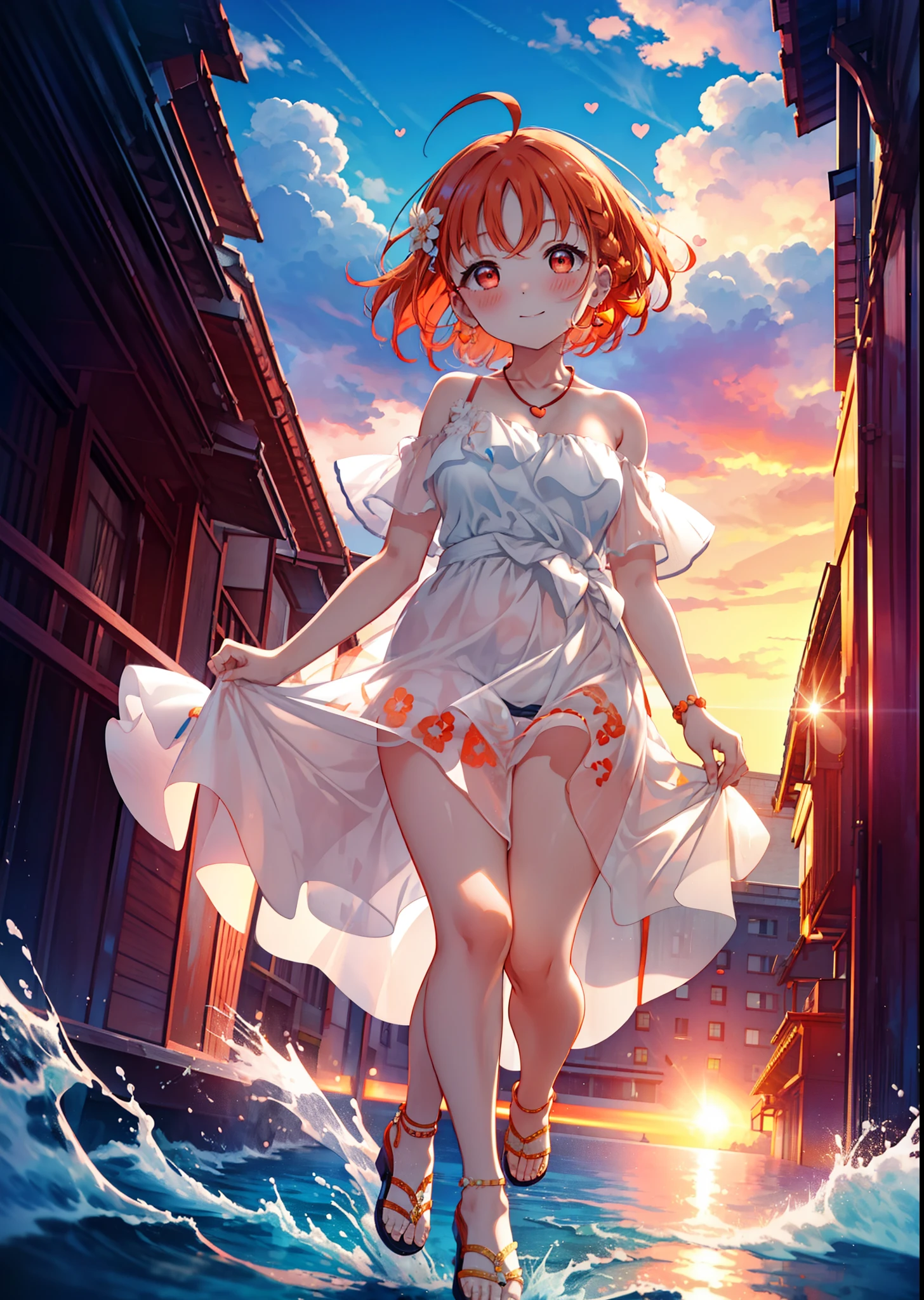 chika takami,Orange Hair,Ahoge,Red eyes,smile,blush,Orange off-shoulder dress,Bare shoulders,bare clavicle,Bare neck,Short sleeve,Heart-shaped necklace,Long skirt,Cute heeled sandals,Walking,Daytime,Clear skies,whole bodyがイラストに入るように break outdoors, Building district, break looking at viewer, whole body, break (masterpiece:1.2), Highest quality, High resolution, unity 8k wallpaper, (figure:0.8), (Beautiful attention to detail:1.6), Highly detailed face, Perfect lighting, Highly detailed CG, (Perfect hands, Perfect Anatomy),