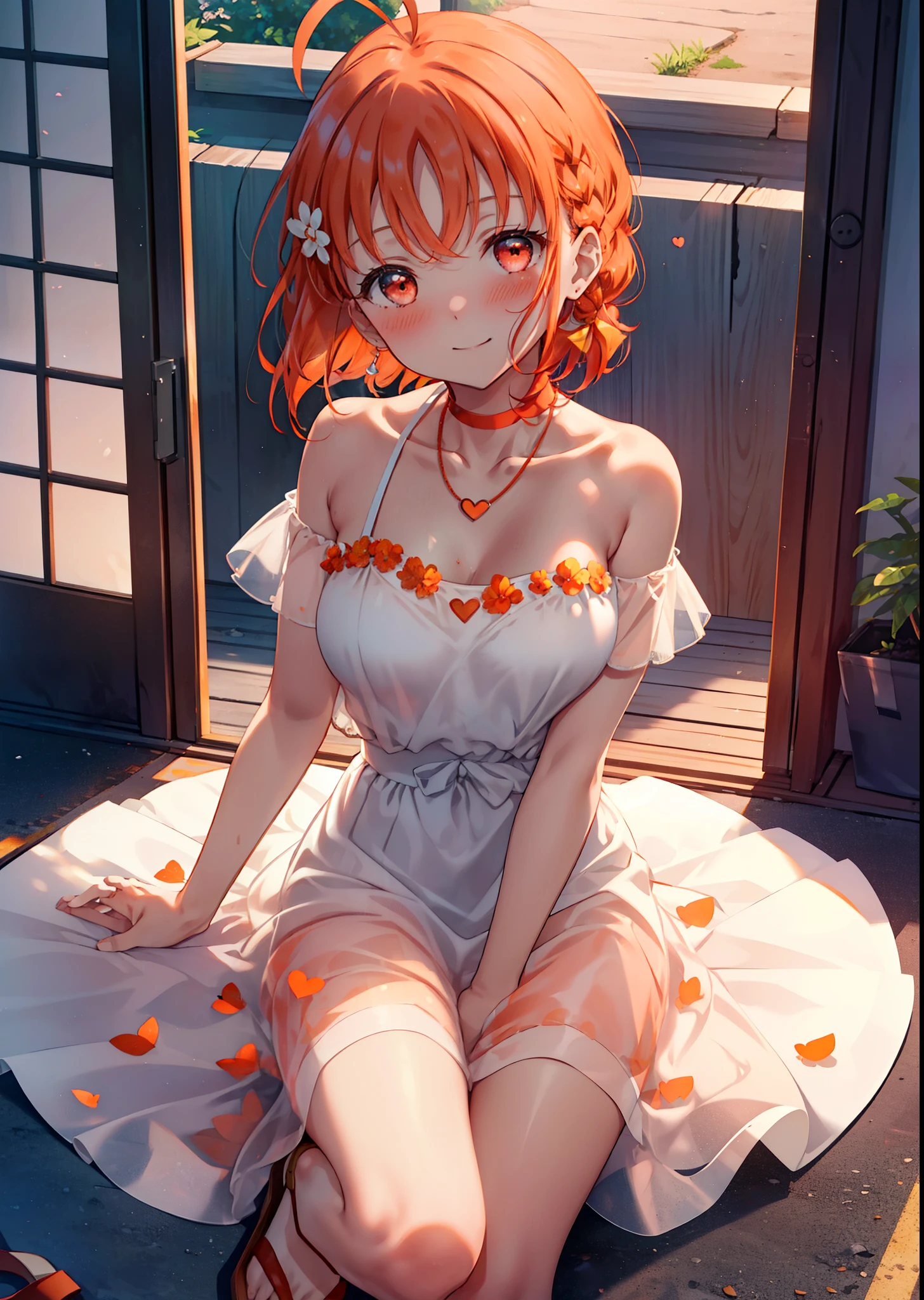 chika　takami,Orange Hair,Ahoge,Red eyes,smile,blush,Orange off-shoulder dress,Bare shoulders,bare clavicle,Bare neck,Short sleeve,Heart-shaped necklace,Long skirt,Cute heeled sandals,Walking,Daytime,Clear skies,whole bodyがイラストに入るように break outdoors, Building district, break looking at viewer, whole body, break (masterpiece:1.2), Highest quality, High resolution, unity 8k wallpaper, (figure:0.8), (Beautiful attention to detail:1.6), Highly detailed face, Perfect lighting, Highly detailed CG, (Perfect hands, Perfect Anatomy),