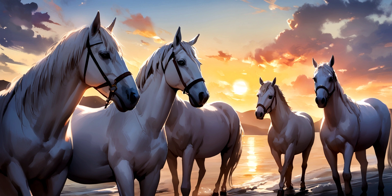 three white horses, oil painted, sunrise