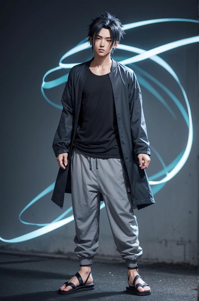 Draw a male character from the anime Naruto a dark turquoise shirt with long or short sleeves with a gray jacket on top. On the back of the jacket is the kanji 灮 which means light. Dark gray pants are typically worn with the outfit along with a dark gray t-shirt if the wearer wears a short-sleeved shirt. Standard ninja sandals are generally worn by everyone.