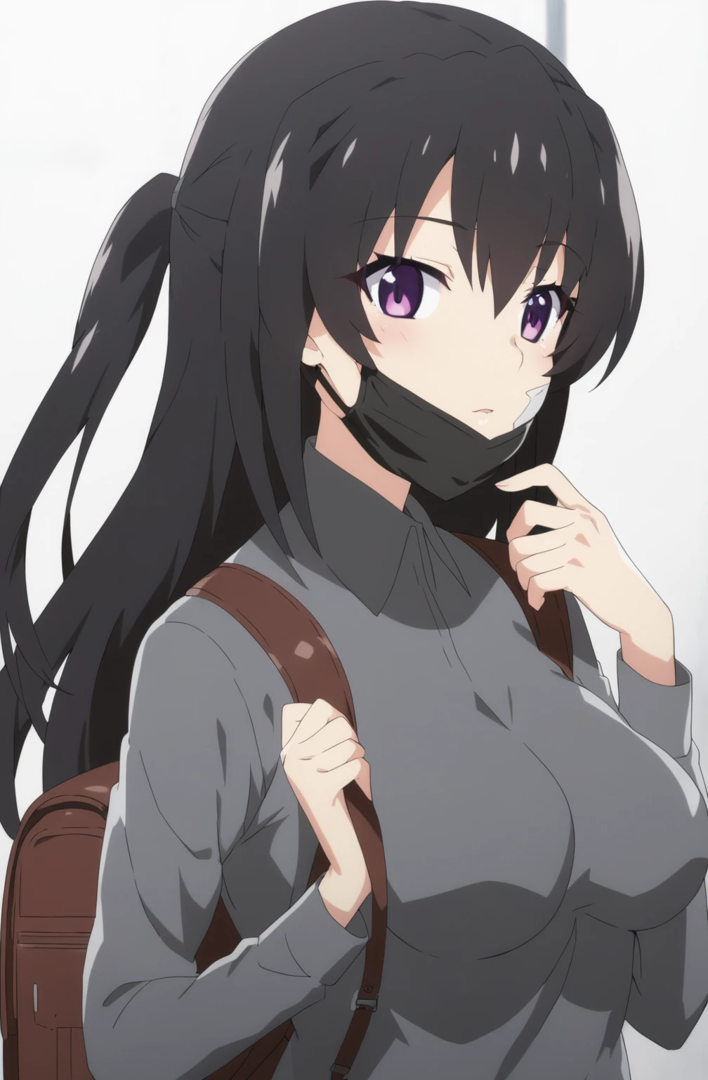 anime girl with a backpack and a mask on her face, purple eyes, anime moe artstyle, cute anime waifu in a nice dress, anime visual of a cute girl, beautiful anime high school girl, gray shirt, short skirt, anime girl with long hair, long straight hair, high quality anime artstyle, from girls frontline, anime style 4k, mature anime girl, anime girl wearing a black dress, kantai collection style,black shiny hair, normal breast