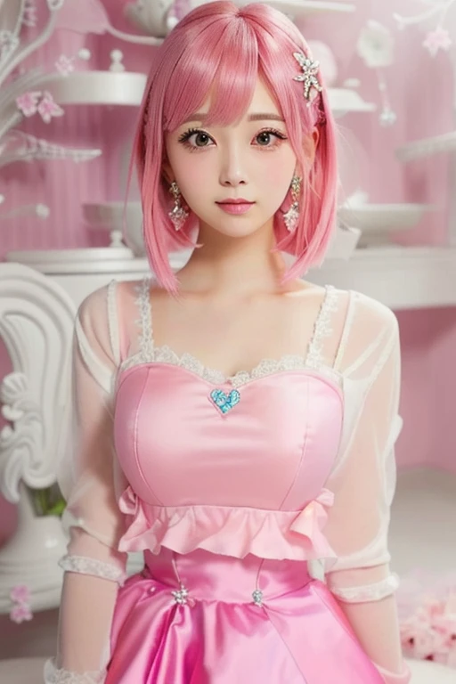 Close-up of a woman with pink hair and dress, Real life anime girls, 長いPink Hairpretty girl, Beautiful anime style, Cute Anime Girl, Attractive anime girl, Beautiful Anime Girls, Anime Thai Girl、Small breasts、A cup breasts、pretty girl, Pink Hair, Shirahime cut hairstyle, Realistic young anime girl, Cute Hairstyles、hair ornaments、かわいいhair ornaments、Cute Earrings、backgroundぼやけてる、background(Cinderella Castle)