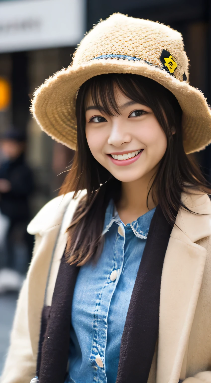 masterpiece,best quality,(Japanese ),((Beautiful girl)),(perfect body beauty:1.2),(shy smile),beautiful teeth,(hat),(Shibuya scramble crossing),