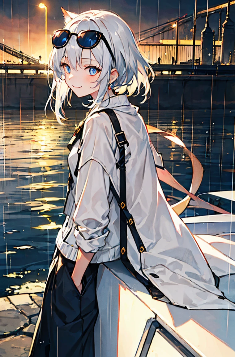 Beautiful masterpiece, best quality, Illustration style,little flame_arknights，
bridge_Ark of Tomorrow，bust，Smile， Anime Girl, beautiful eyes, summer, Wide leg pants, sunglasses，small, Heartwarming, Youthful and beautiful,, black and white,, showing a natural casual style. Dynamic posture contains the golden ratio, Large aperture portrait, White space, Strong contrast between light and shadow, Super texture, Super clear and concise pictures, presenting extremely beautiful, Elegant temperament, Subtle facial expressions, City background, rain, Road area water reflection，There is one，There is onehead，one person