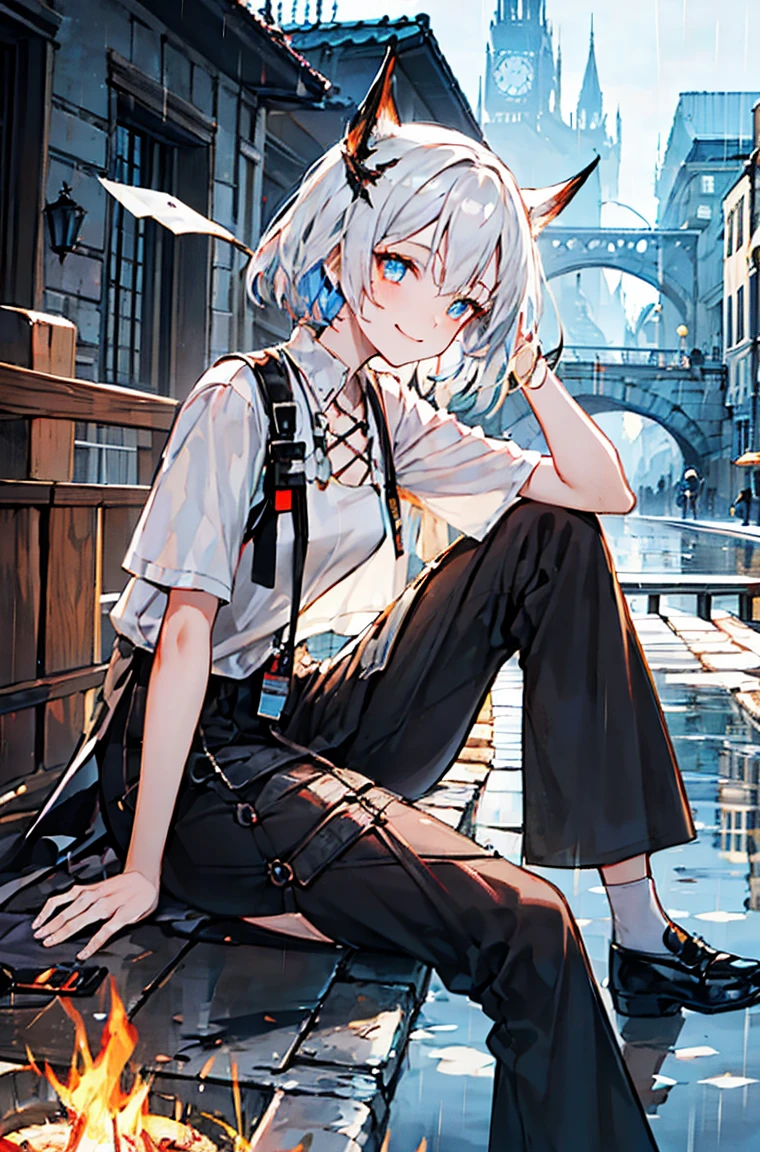 Beautiful masterpiece, best quality, Illustration style,little flame_arknights，
bridge_Ark of Tomorrow，bust，Smile， Anime Girl, beautiful eyes, summer, Wide leg pants, sunglasses，small, Heartwarming, Youthful and beautiful,, black and white,, showing a natural casual style. Dynamic posture contains the golden ratio, Large aperture portrait, White space, Strong contrast between light and shadow, Super texture, Super clear and concise pictures, presenting extremely beautiful, Elegant temperament, Subtle facial expressions, City background, rain, Road area water reflection，There is one，There is onehead，one person