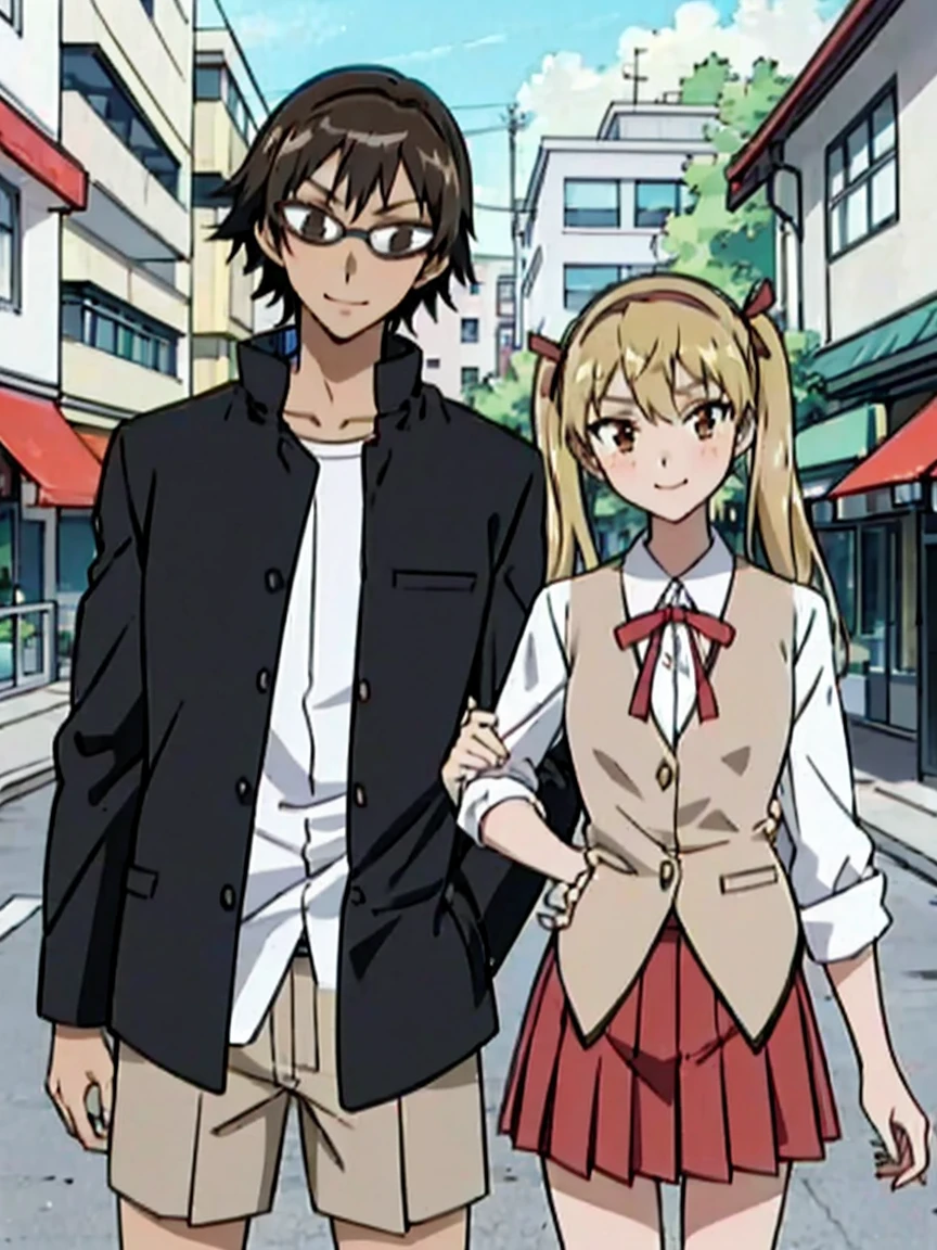 1 boy and 1 girl stand in the street,twintails,sawachika eri, brown eyes, hair ribbon,harimakenji, glasses, ,school uniform, red pleated skirt,eri,hairband, looking_at_viewer, serious, gakuran, white_shirt,smile,happy,two persons