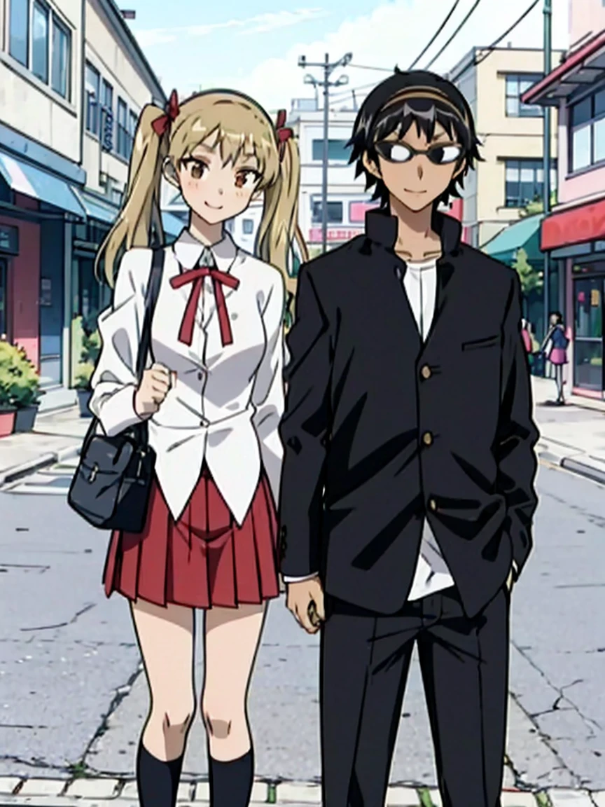 1 boy and 1 girl stand in the street,twintails,sawachika eri, brown eyes, hair ribbon,harimakenji, glasses, ,school uniform, red pleated skirt,eri,hairband, looking_at_viewer, serious, gakuran, white_shirt,smile,happy,two persons