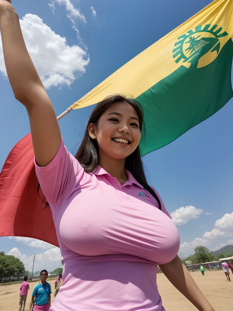 Photos from a wide perspective   A woman with big breasts smiles and holds up a cloth flag.  Wave it above your head.  It's a sign that says "NS HMONG" wearing a pink and green jersey with a white collar.   On the shirt was the large text "NS HMONG" on a light blue background