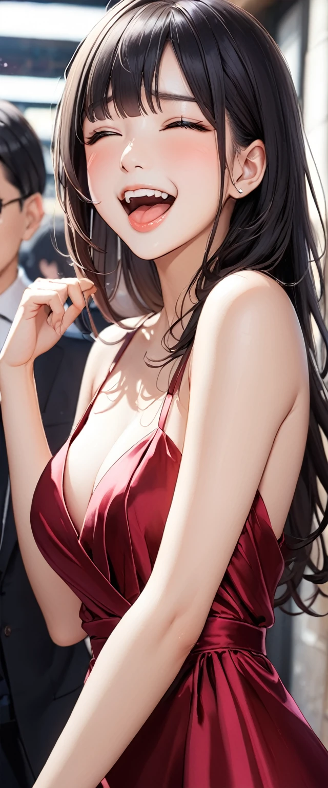 woman,20-year-old,, venue,(((Sexy silk dresses))),,Laugh with your mouth closed,((Black Hair)),blush,()