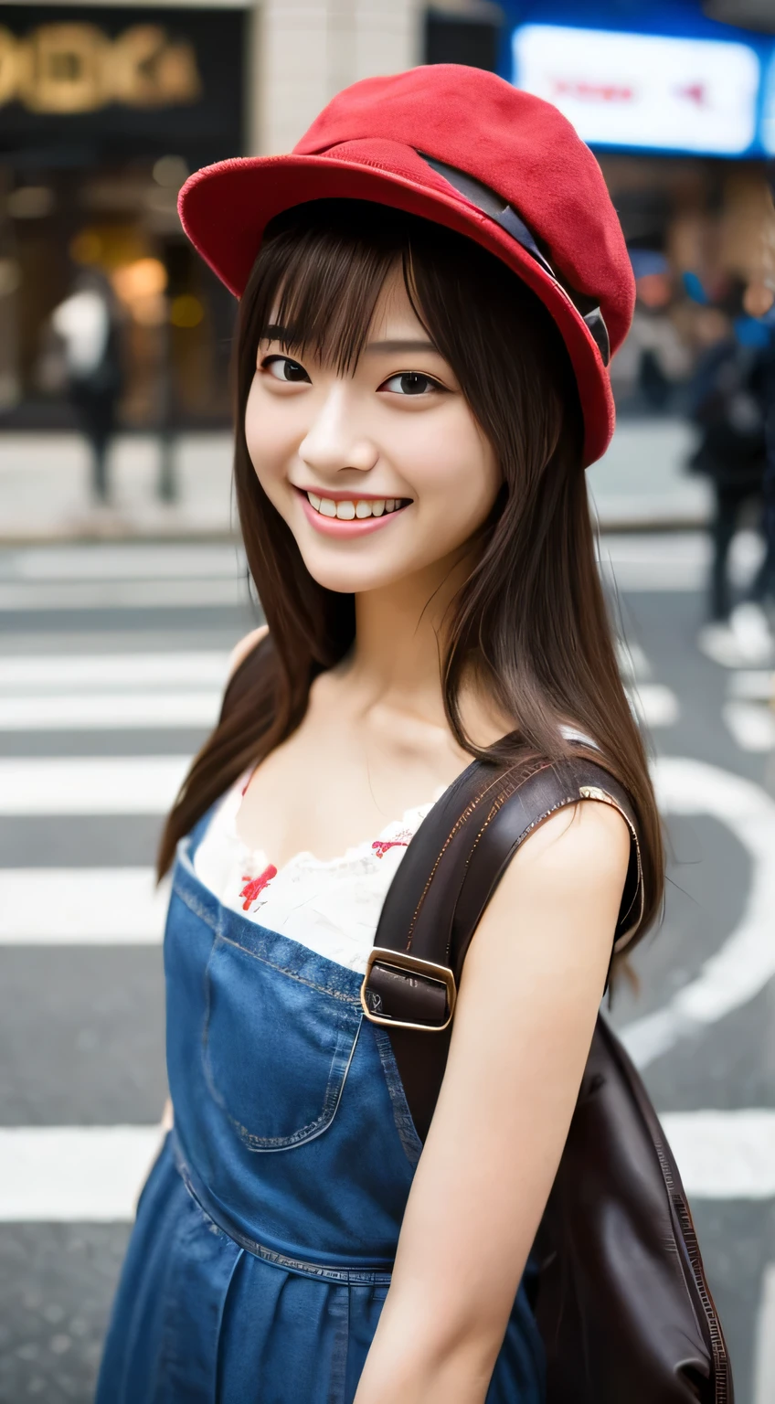 masterpiece,best quality,(Japanese ),((Beautiful girl)),cleavage,(perfect body beauty:1.2),(shy smile),beautiful teeth,(hat),(Shibuya scramble crossing),