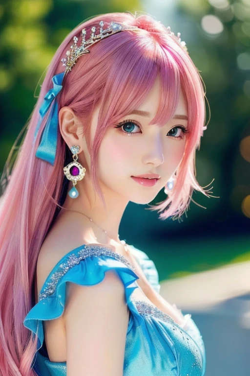 Close-up of a woman with pink hair and dress, Real life anime girls, 長いPink Hairpretty girl, Beautiful anime style, Cute Anime Girl, Attractive anime girl, Beautiful Anime Girls, Anime Thai Girl、Small breasts、A cup breasts、pretty girl, Pink Hair, Shirahime cut hairstyle, Realistic young anime girl, Cute Hairstyles、hair ornaments、かわいいhair ornaments、Cute Earrings、backgroundぼやけてる、background(Cinderella Castle)