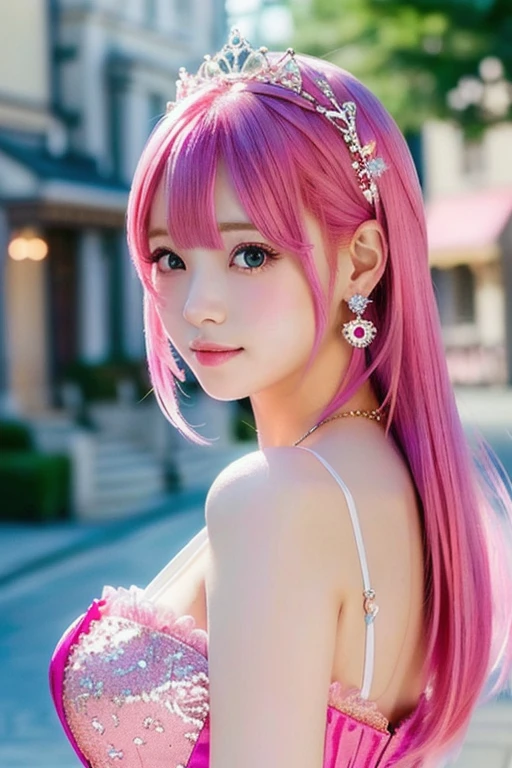 Close-up of a woman with pink hair and dress, Real life anime girls, 長いPink Hairpretty girl, Beautiful anime style, Cute Anime Girl, Attractive anime girl, Beautiful Anime Girls, Anime Thai Girl、Small breasts、A cup breasts、pretty girl, Pink Hair, Shirahime cut hairstyle, Realistic young anime girl, Cute Hairstyles、hair ornaments、かわいいhair ornaments、Cute Earrings、backgroundぼやけてる、background(Cinderella Castle)