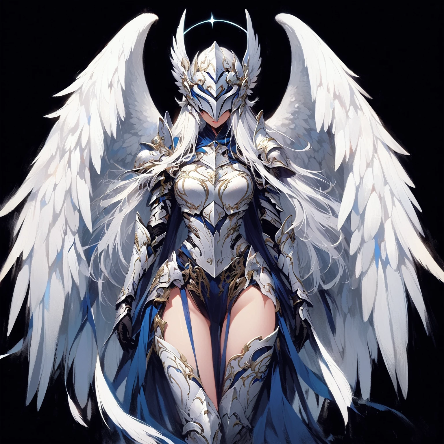 1 Female angels,Winged helmet covering the eyes_wings armor feathers_Long wing feathers_Hair Shoulder Armor Shoulder_Armor single piece_Upper wing separation_The body is white_Theme blue_Wings Wings