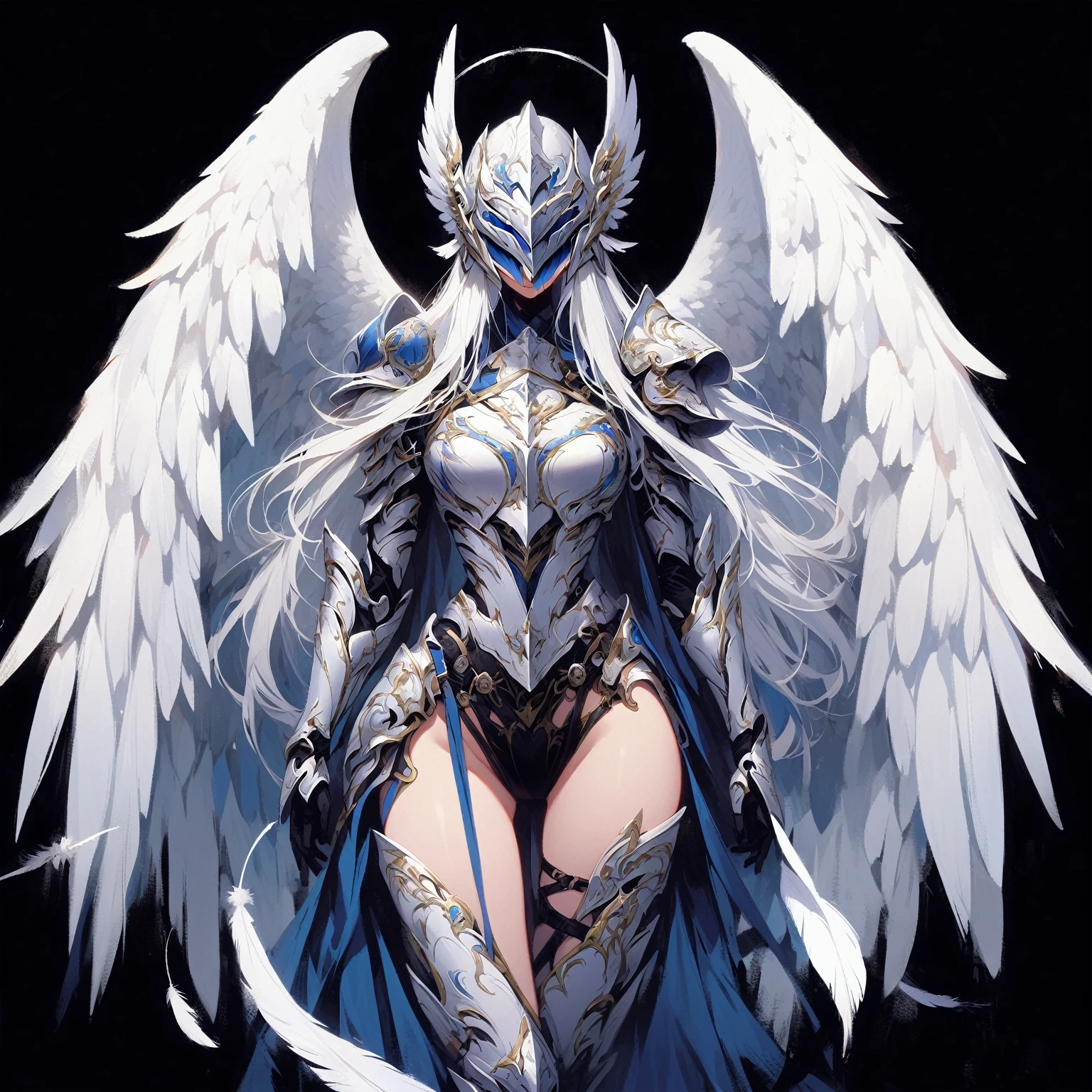 1 Female angels,Winged helmet covering the eyes_wings armor feathers_Long wing feathers_Hair Shoulder Armor Shoulder_Armor single piece_Upper wing separation_The body is white_Theme blue_Wings Wings