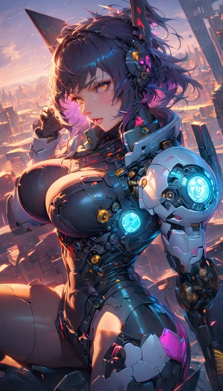 best quality,4k,8k, highres, masterpiece:1.2), extremely detailed eyes, extremely detailed body, (large masterpiece digital art), (detailed manga illustration), (detailed line art), ((perfect anatomy)), (intricate details:1.3), (ultra-detailed:1.3), (illustration:1.3), (sharp focus:1.3), (natural lighting:1.05), (vivid colors:1.3), (masterpiece), (best quality:1.4), (perfect anatomy:1.4), high quality, expressive eyes, full body, tall girl, detailed face, beautiful face, perfect face, breasts, gloves, large breasts, cyberpunk, (black armor), short hair, ((pale skin)), messy hair, detailed (dark blue hair), honeydew hair, multicolored hair, detailed eyes, (amber eyes), hourglass physique, mecha musume, fortified suit, mechanical parts, headgear, robot joints, bodysuit, deva battle suit, gloves, thick thighs, toned, emblem, superhero, dynamic lighting, 4k resolution, dynamic pose, weapon, energy weapon portrait, Jeff Bridges, ((cartoon style)), Marvel Cinematic Universe style, (((sci-fi city in the background))), soft bokeh of futuristic city, Atey Ghailan, Jeremy Mann, Greg Manchess, Antonio Moro, trend in ArtStation, trend in CGSociety, Intricate, High Detail, Sharp focus, dramatic and photorealistic painting art by Midjourney and Greg Rutkowski, bokeh in the background
