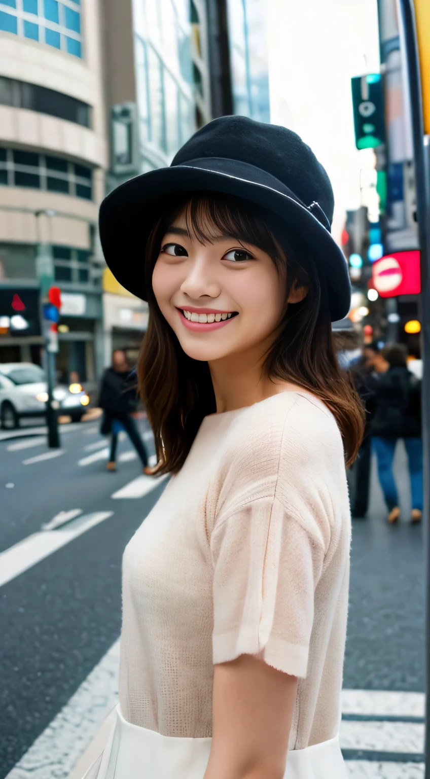 masterpiece,best quality,(Japanese ),((Beautiful girl)),(perfect body beauty:1.2),(shy smile),beautiful teeth,(hat),(Shibuya scramble crossing),