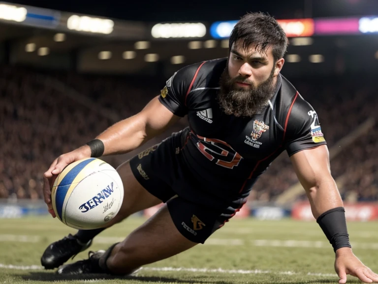 1male, solo, (yossan), Ultra-high resolution,beard, Are fat, Sports Goggles, (Rugby Player), (Rugby ball), uniform, headgear, Gloves, Ground, Stadium, game, Tackle, try, dash, Sweat, mud, Energetic, Powerful, illumination, audience, Applause, exciting, intense,
game中にdashしている選手。Tackleを受ける瞬間やtryを決める瞬間をキャプチャ。背景にはaudience席やStadiumのライトが映える。
,Motion blur effect、スポッtryトを強調して選手に焦点を当てる。