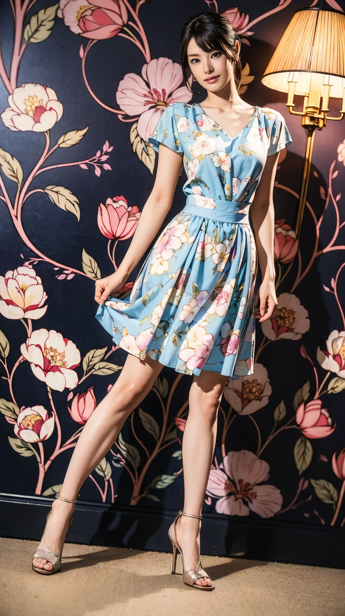 ((masterpiece)),(((Highest quality))),Thin thighs,Long legs,whole body:1.5,(One Girl:1.3),(Black pantyhose and thick pointy heels:1.3),(Wearing a floral print mid-long flared skirt dress:1.2),Short blonde hair:1.2、Model pose,