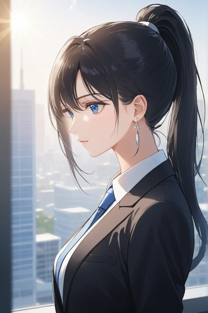 1woman, face focus, adult, business suit, jacket, white shirt, necktie, pants, best quality, hires, detailed face, office, buildings from window, detailed background, diffused sunlight, depth of field, bokeh,drop dangle earrings,blue eyes,white hairs,long hair ponytail