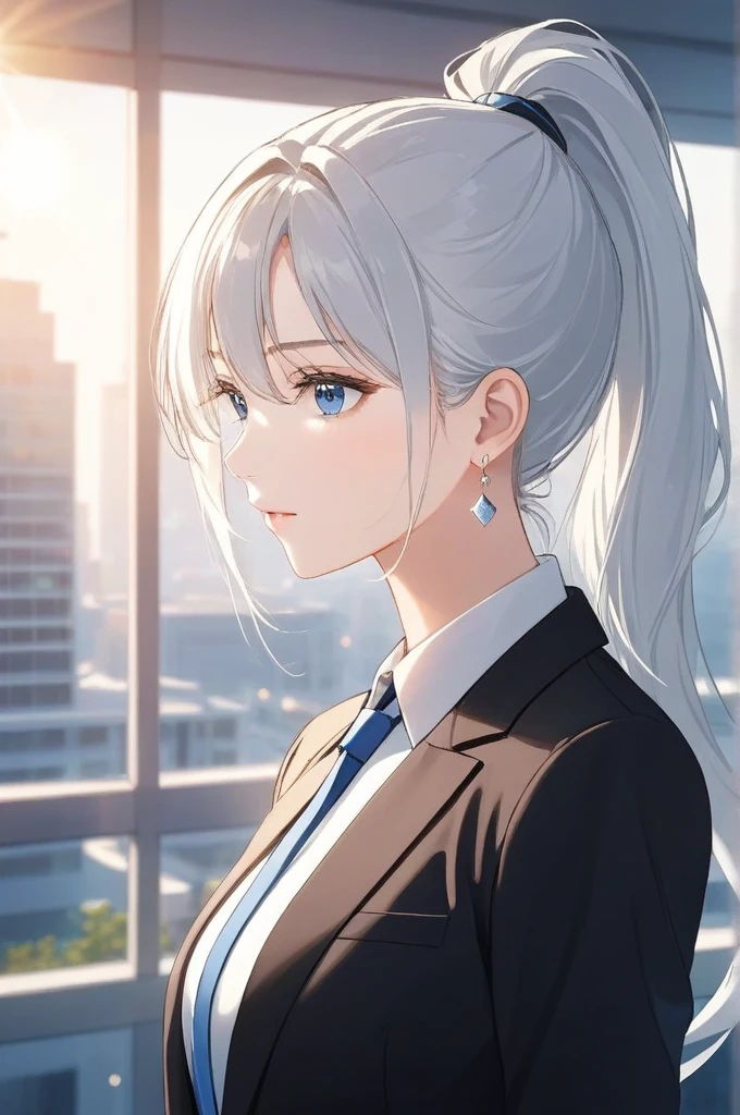 1woman, face focus, adult, business suit, jacket, white shirt, necktie, pants, best quality, hires, detailed face, office, buildings from window, detailed background, diffused sunlight, depth of field, bokeh,drop dangle earrings,blue eyes,white hairs,long hair ponytail