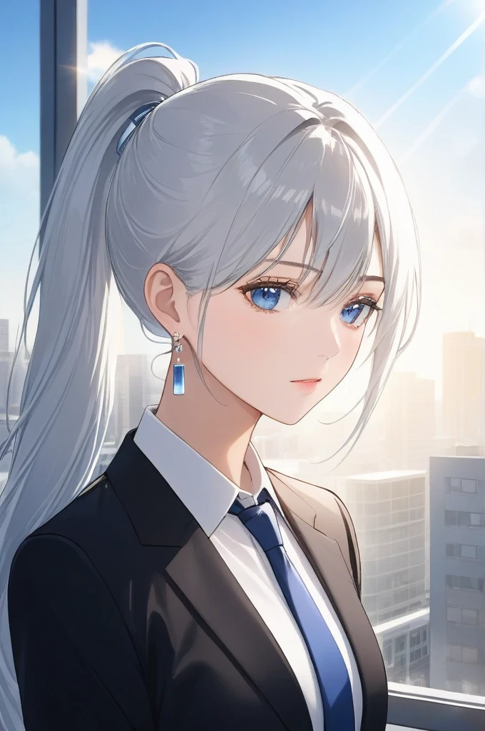 1woman, face focus, adult, business suit, jacket, white shirt, necktie, pants, best quality, hires, detailed face, office, buildings from window, detailed background, diffused sunlight, depth of field, bokeh,drop dangle earrings,blue eyes,white hairs,long hair ponytail
