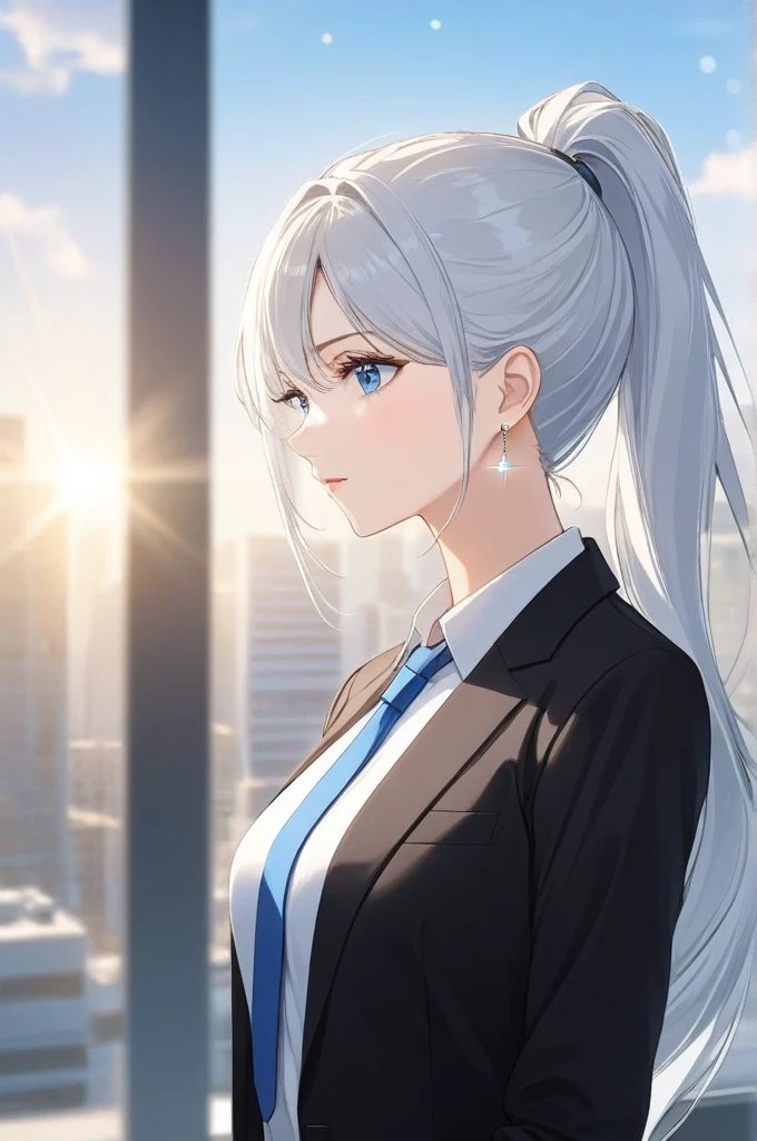 1woman, face focus, adult, business suit, jacket, white shirt, necktie, pants, best quality, hires, detailed face, office, buildings from window, detailed background, diffused sunlight, depth of field, bokeh,drop dangle earrings,blue eyes,white hairs,long hair ponytail