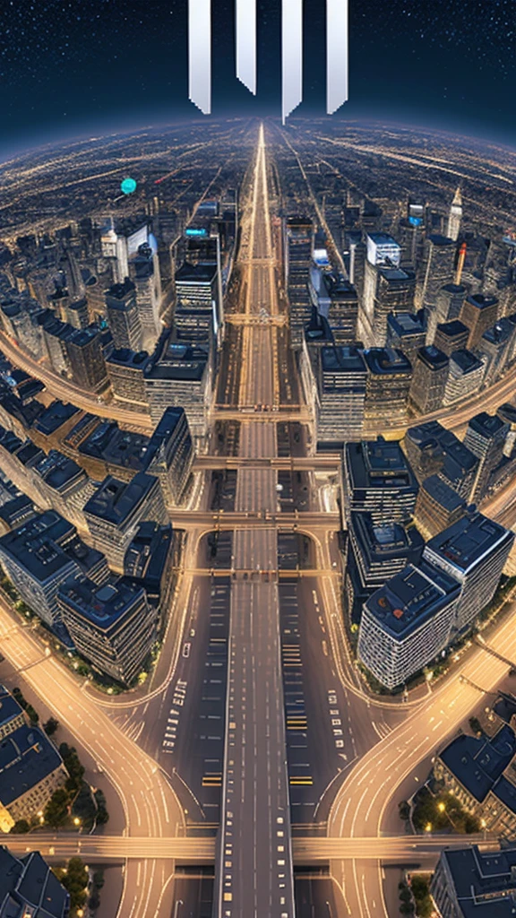 Straight road running through the center of the city, game concept, game map, pixel, pixel art, (straight road:1.2), paved road, night, detailed, vertical, bird's eye view, modern city, front projection