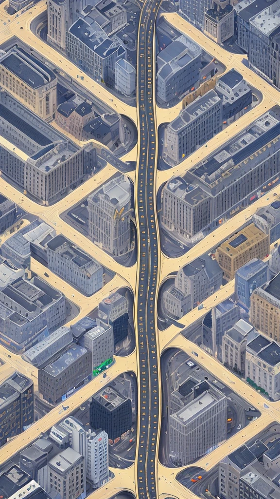 Straight road running through the center of the city, game concept, game map, pixel, pixel art, (straight road:1.2), paved road, night, detailed, vertical, bird's eye view, modern city, front projection