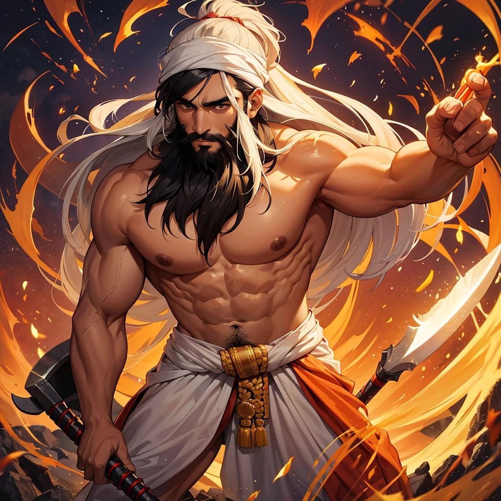 An indian man, long hair and beard, holding a battle axe, well defined muscles, althletic physic, well defined characteristics, wearing a saffron colour dhothi, no head gear, battle scars on the body