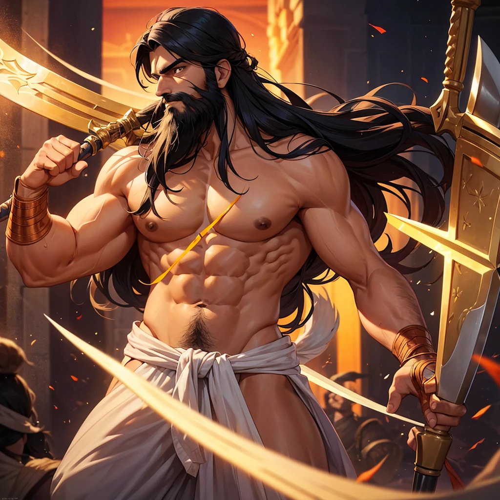 An indian man, long hair and beard, holding a battle axe, well defined muscles, althletic physic, well defined characteristics, wearing a saffron colour dhothi, no head gear, battle scars on the body