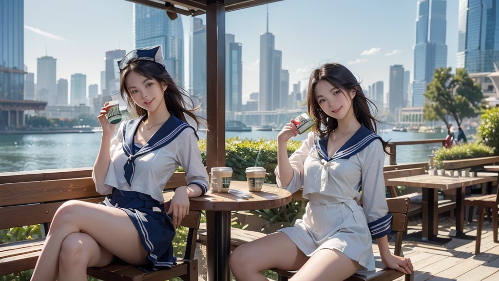 8K、RAW Photos、Highest quality、Super detailed、Super Resolution、Ultra HD、8K壁紙、Amazing details
(((Starbucks outdoor cafe、16 year old high school girl in sailor suit)))、((Eat cake、Drink coffee、smile))、Heart Necklace
((Emphasize cleavage))
(Full body photo)
(((Skyscrapers are visible)))
Crossing your legs