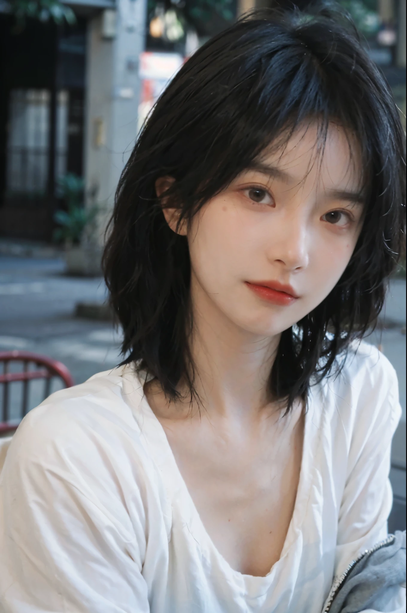 (Skin details:1.4), (smooth skin textures:1.3), Lipstick, background, earrings, Serene, calm, (Realistic and detailed eyes:1.2), (Large Breasts:1.3),Natural skin texture, Realistic facial details, Soft dramatic lighting, Vivid details, 35 mm film, outdoor, (Photo Practical:1.4), (hyper Practical:1.4), (Practical:1.3), (Smoother lighting:1.05), (Improve lighting quality:0.9), (Highest quality real skin textures:1.4), Exquisite eyes, Delicate face, Close-up of face, (Enhance the beauty of skin texture:1.1), Hair details, Model,normal body ratio, short hair, Moles under the eyes, Park background,Portrait Photography, Depth of Field, bokeh, Surrealism, Ray Tracing, (Portrait Photography:1.1), Surrealism, High Detail, clair obscur, Ray Tracing, reflected light, ultra HD, ultra HD, masterpiece, Textured Skin, Super Detail, High Detail, high quality, best quality