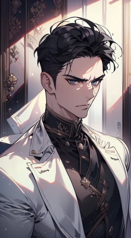 (best quality, masterpiece, 8K, photorealistic, cinematic lighting, 1:4 hdr image, ultra detailed, beautiful image), a mature man, 34 years very handsome, ((cold expression)), short black hair, blue eyes, face perfect without mistakes, ((buttoning his jacket, CEO))