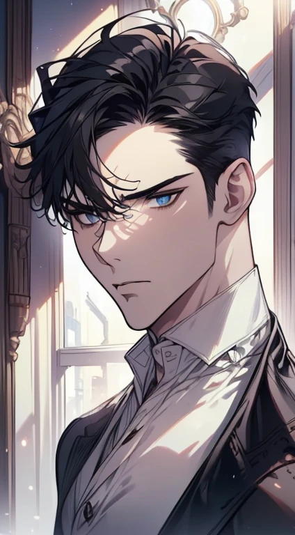 (best quality, masterpiece, 8K, photorealistic, cinematic lighting, 1:4 hdr image, ultra detailed, beautiful image), a mature man, 34 years very handsome, ((cold expression)), short black hair, blue eyes, face perfect without mistakes, ((buttoning his jacket, CEO))