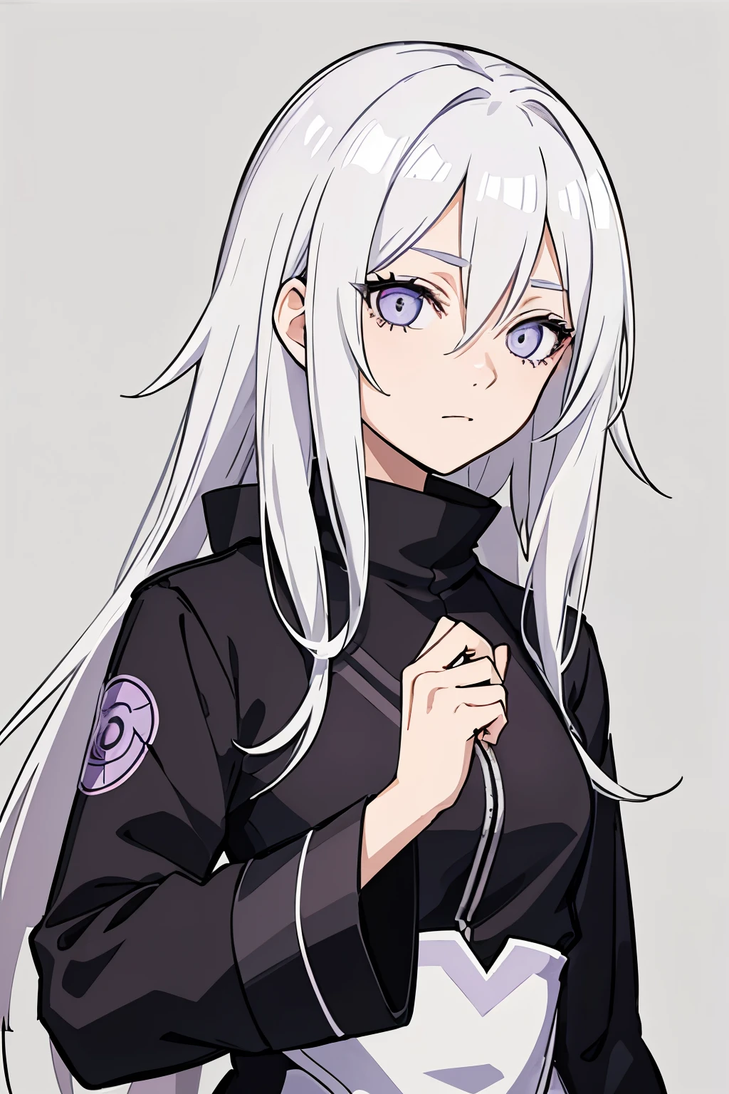 (high-quality, breathtaking),(expressive eyes, perfect face) portrait, Symmetrical Eyes, 1girl, female, solo, ager, short height, white hair, white coloured eyes, byakugan, anime naruto art style, long hair, fluffy hair, feminine face, grey background, detailed eyes, hyuga, Ōtsutsuki, naruto ninja attire, neutral expression, soft smile, purple and black clothing, white trim, long sleeves, white dress, hair between eyes, bare shoulders, jacket
