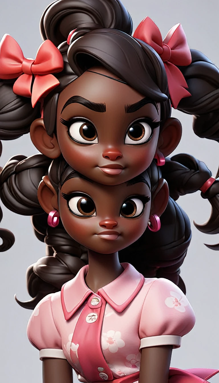 Create a kid-friendly avatar of a young girl with dark skin and hair styled in pigtails adorned with red and pink bows. She is wearing a pink shirt and has large, expressive eyes, a friendly smile, and a playful demeanor.