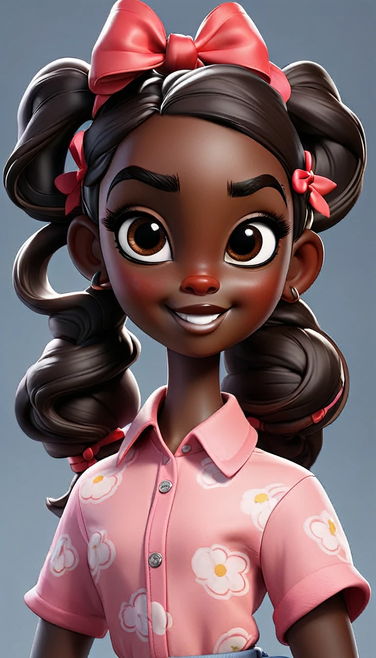 Create a kid-friendly avatar of a young girl with dark skin and hair styled in pigtails adorned with red and pink bows. She is wearing a pink shirt and has large, expressive eyes, a friendly smile, and a playful demeanor.