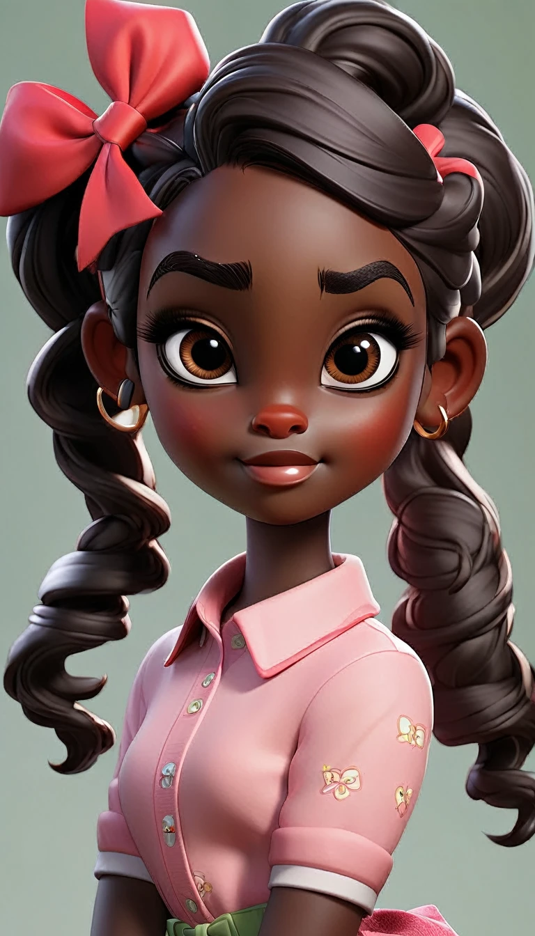 Create a kid-friendly avatar of a young girl with dark skin and hair styled in pigtails adorned with red and pink bows. She is wearing a pink shirt and has large, expressive eyes, a friendly smile, and a playful demeanor.