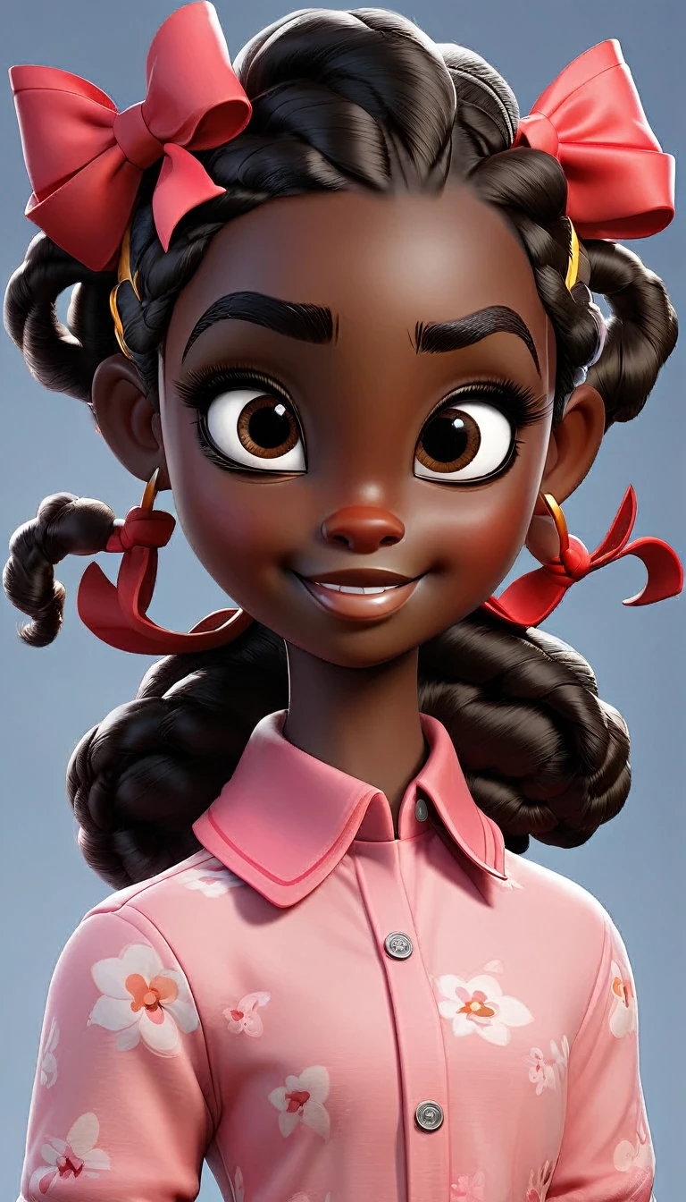 Create a kid-friendly avatar of a young girl with dark skin and hair styled in pigtails adorned with red and pink bows. She is wearing a pink shirt and has large, expressive eyes, a friendly smile, and a playful demeanor.