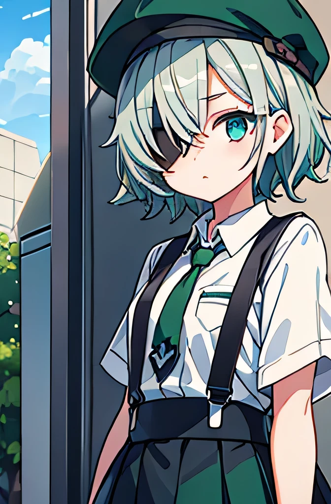 high school girl、Shortcuts、((hair over one eye))、(very messy hair)、Green and silver hair、Black newsboy hat、chain、tie、White Y-shirt、Summer uniform、suspenderini skirt、